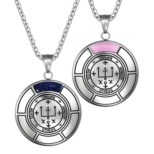 Sigil of Archangel Raphael Love Couples Amulet Set Blue Goldstone and Pink Simulated Cats Eye Necklaces 